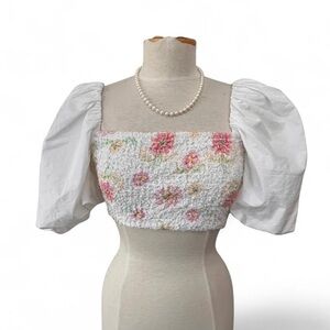 Zara White Floral Smocked Puff Sleeve Crop Top Small